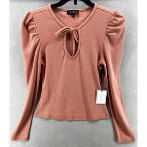 NWT 1 STATE Shirt Women's Small Pink Long Sleeve Tie Neck‎ Cozy Knit Ribbed Top*